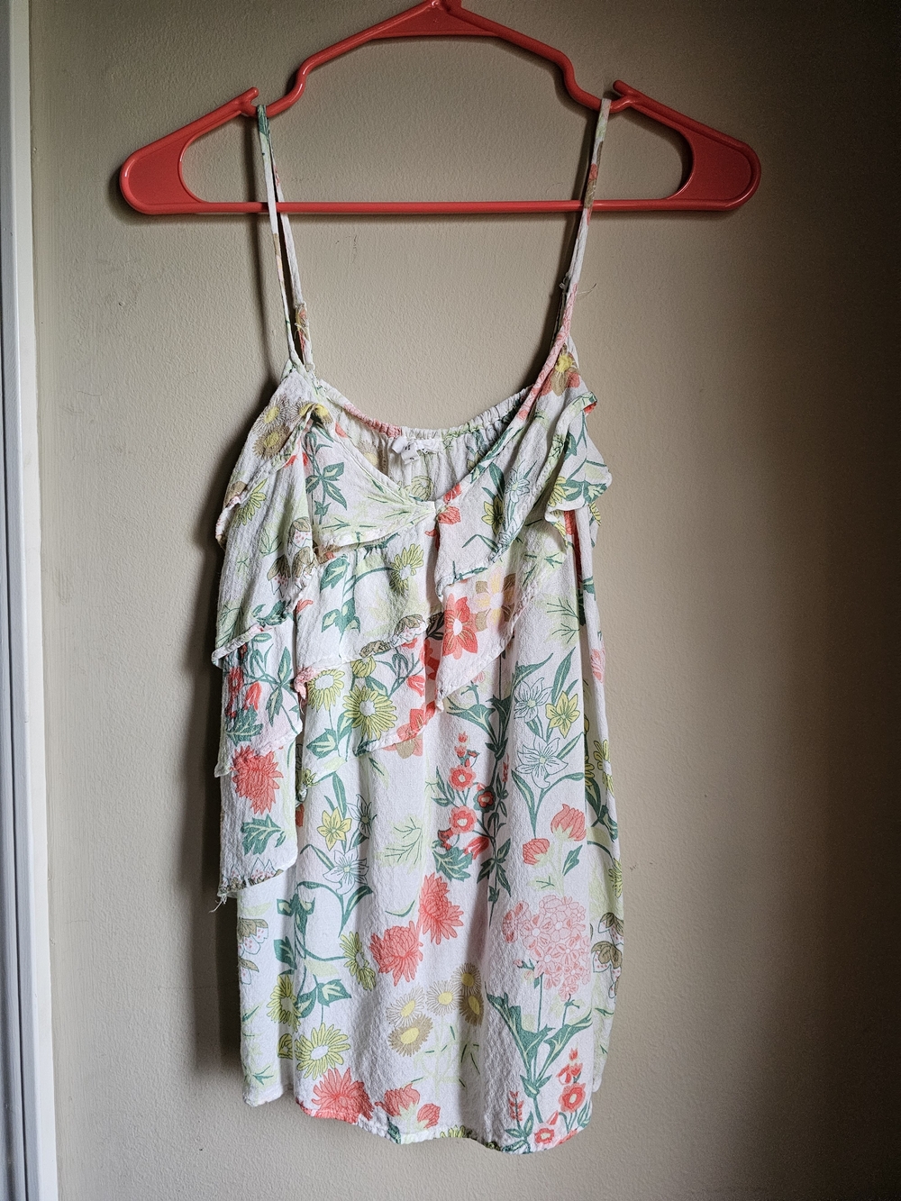 Maurices Floral Ruffle Spaghetti Strap Tank - White, Coral & Green